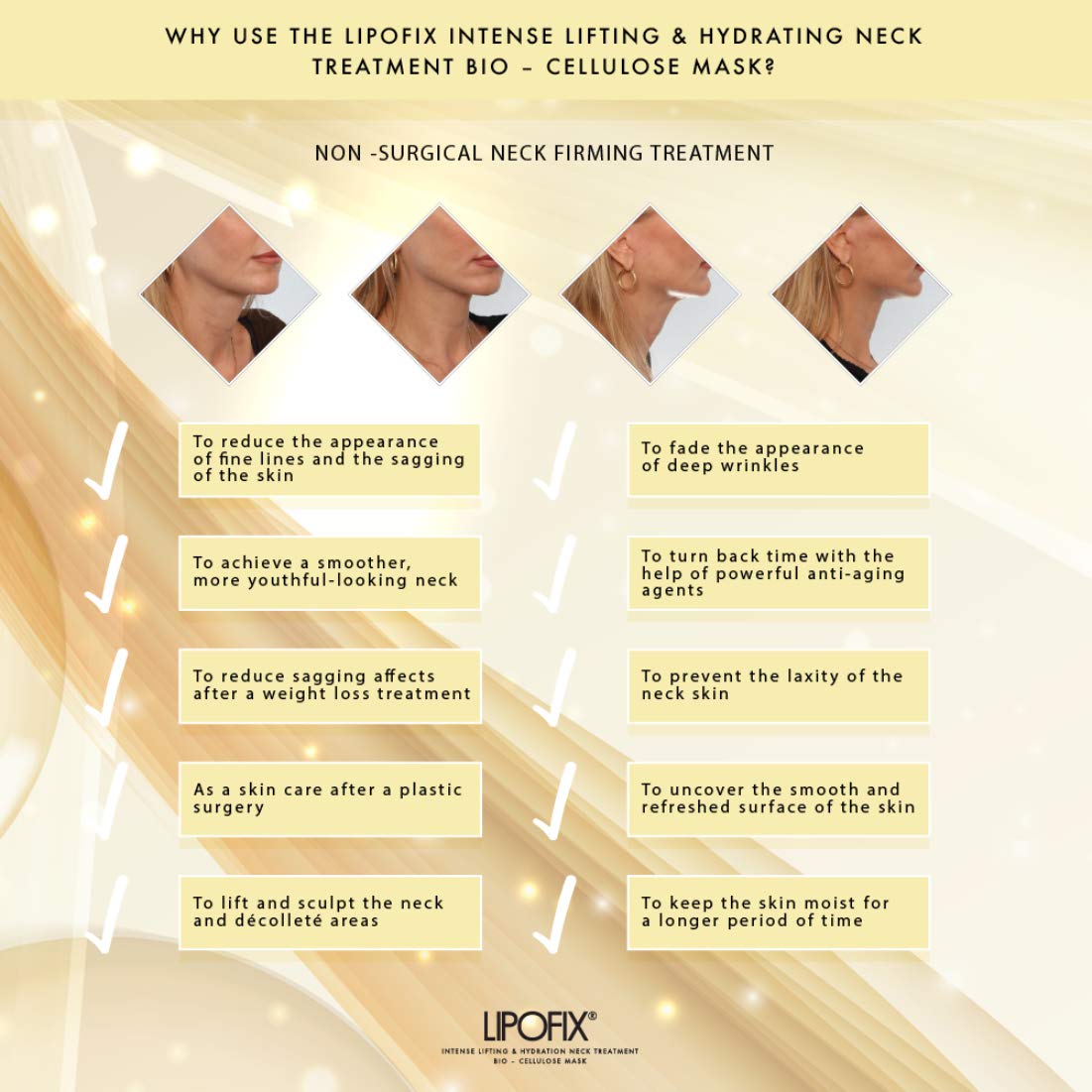 Lipofix Neck Mask application step shows easy, comfortable daily use.