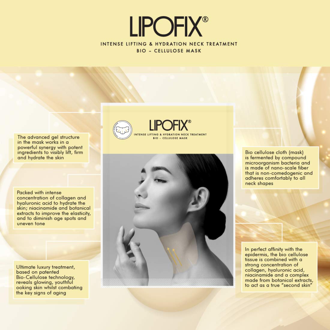 Lipofix Neck Mask firming contour illustrates lifted neck appearance.