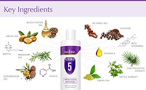 Lipogaine Big 5 ingredients bottle highlights biotin and caffeine for hair vitality.