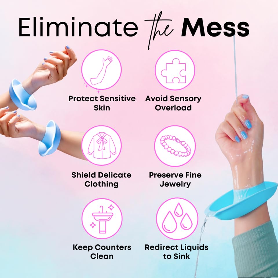 LiquiBands water-drip-catch-on-wrist shows dry sleeves during skincare.