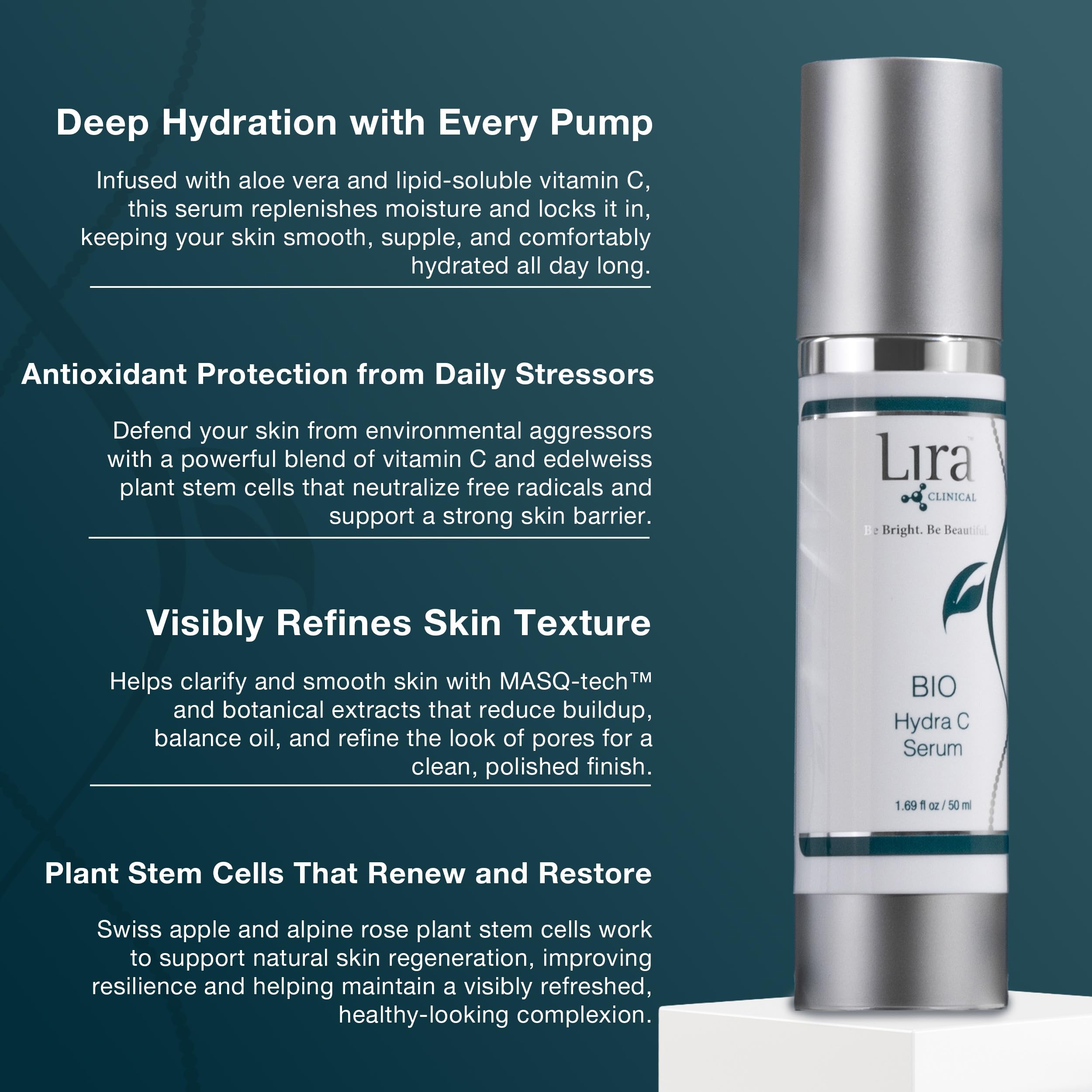 Lira Clinical BIO Hydra C Serum dispensing pump image shows easy, controlled application.