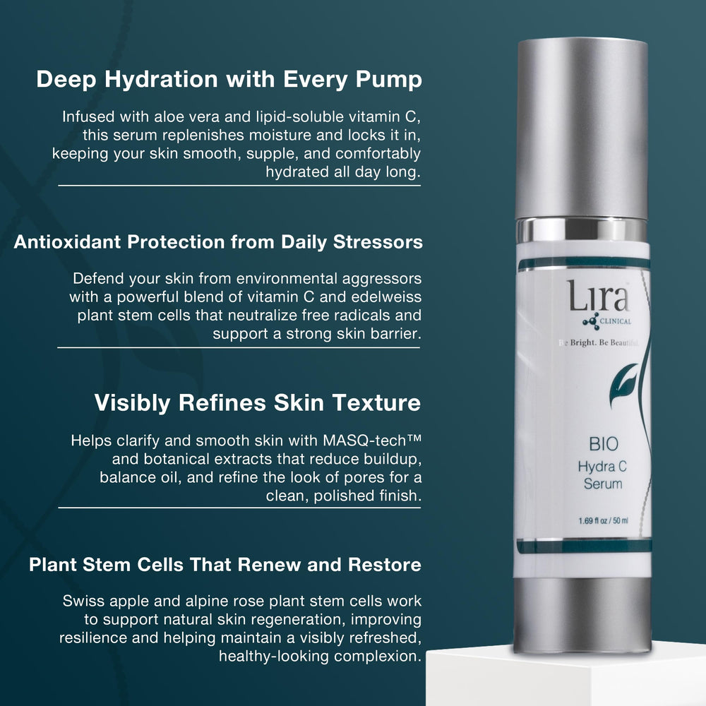 Lira Clinical BIO Hydra C Serum dispensing pump image shows easy, controlled application.