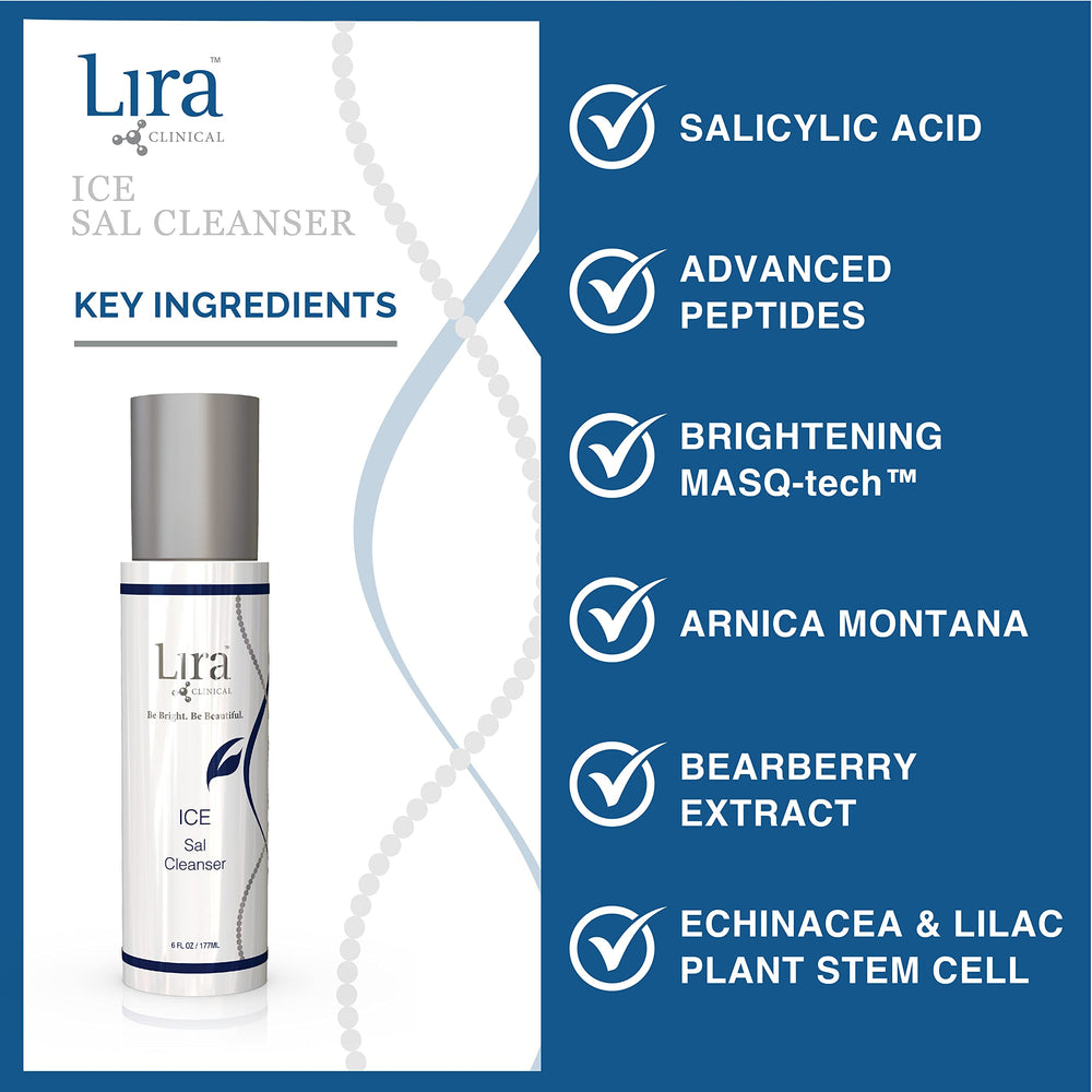 Lira Clinical ICE Sal Cleanser packaging emphasizes 6 oz travel-friendly size.