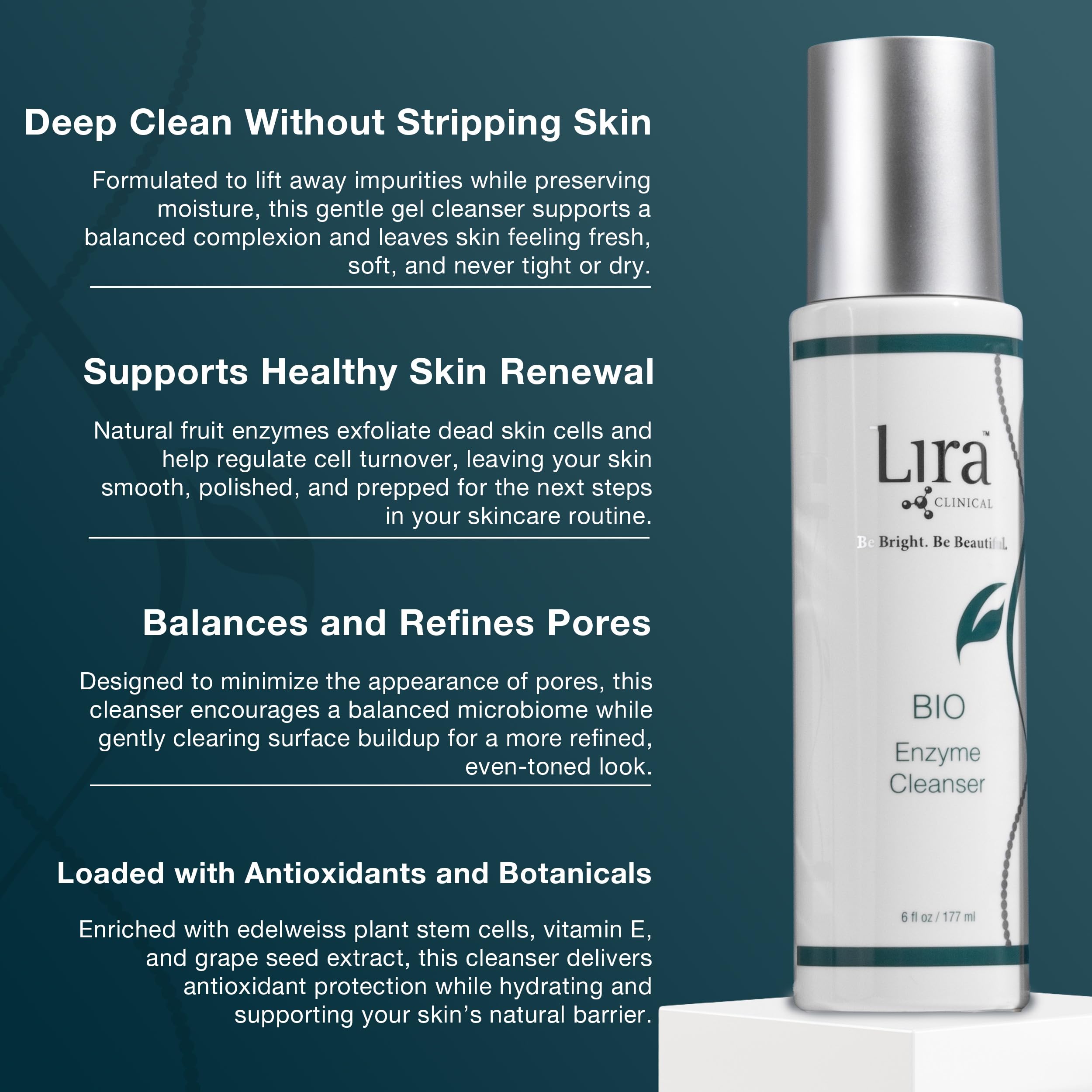 Lira Clinical BIO Enzyme Cleanser close-up shows skin freshness and balanced texture.