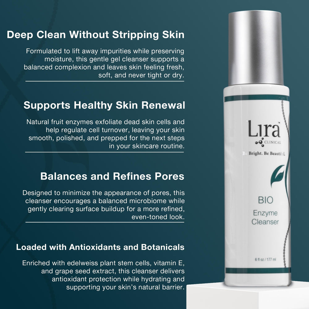 Lira Clinical BIO Enzyme Cleanser close-up shows skin freshness and balanced texture.