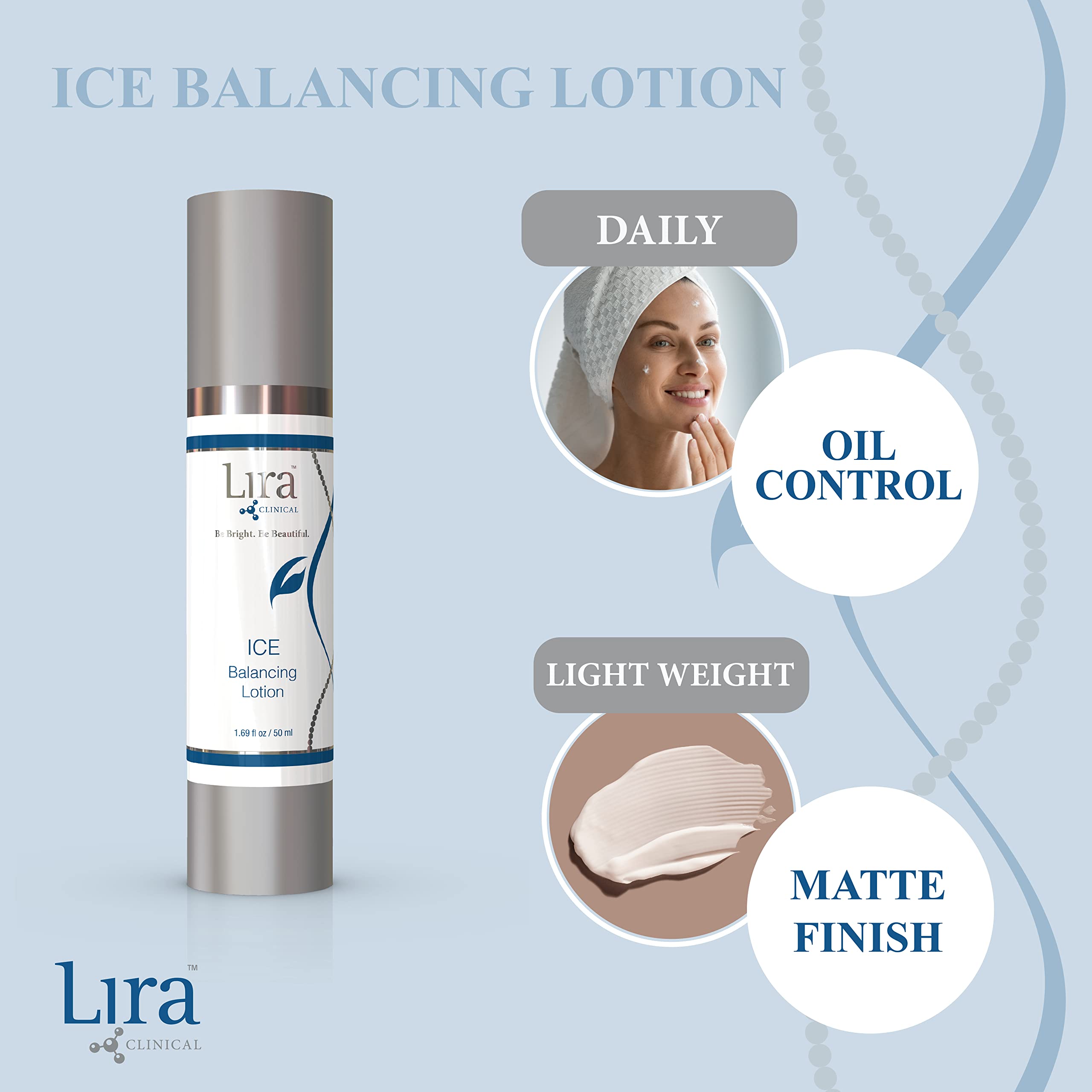 Lira Clinical ICE Balancing Lotion being applied to skin for daytime oil control