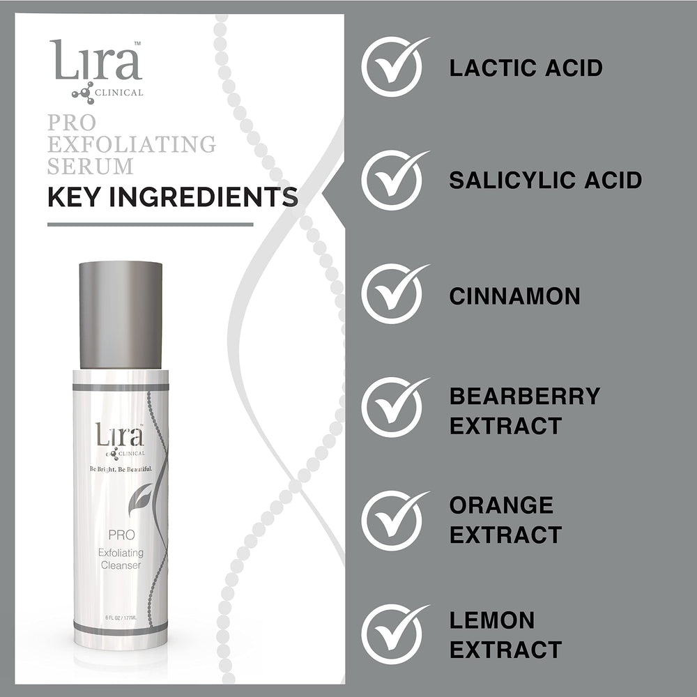 Lira Clinical PRO Exfoliating Cleanser after-use glow suggests bright, soft skin.
