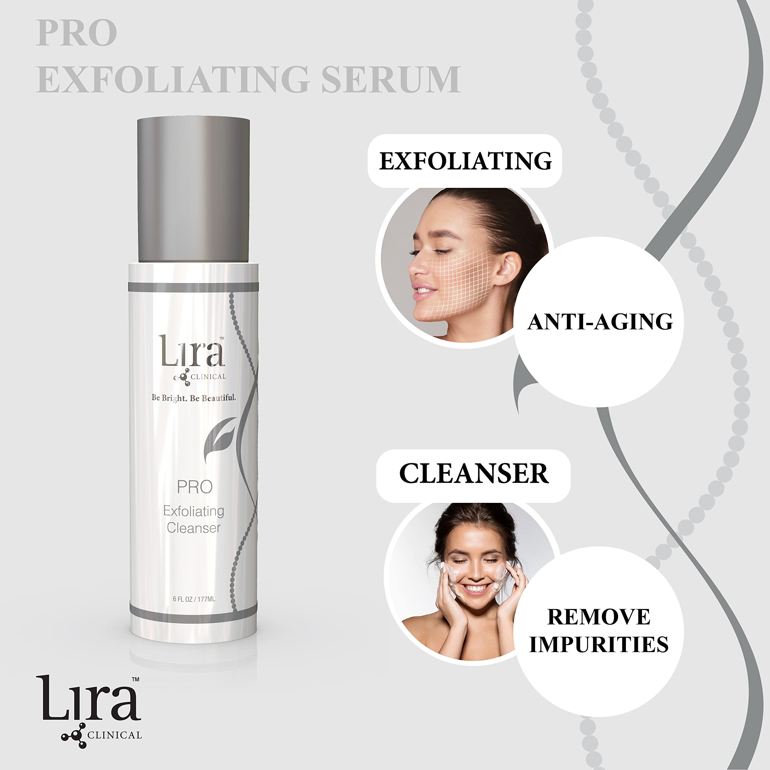 Lira Clinical PRO Exfoliating Cleanser bottle pour shows cleansing and exfoliation in action.