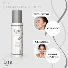 Lira Clinical PRO Exfoliating Cleanser bottle pour shows cleansing and exfoliation in action.