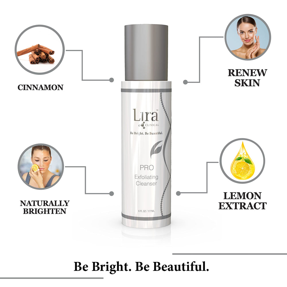 Lira Clinical PRO Exfoliating Cleanser pearlescent texture close-up emphasizes premium refreshing feel.