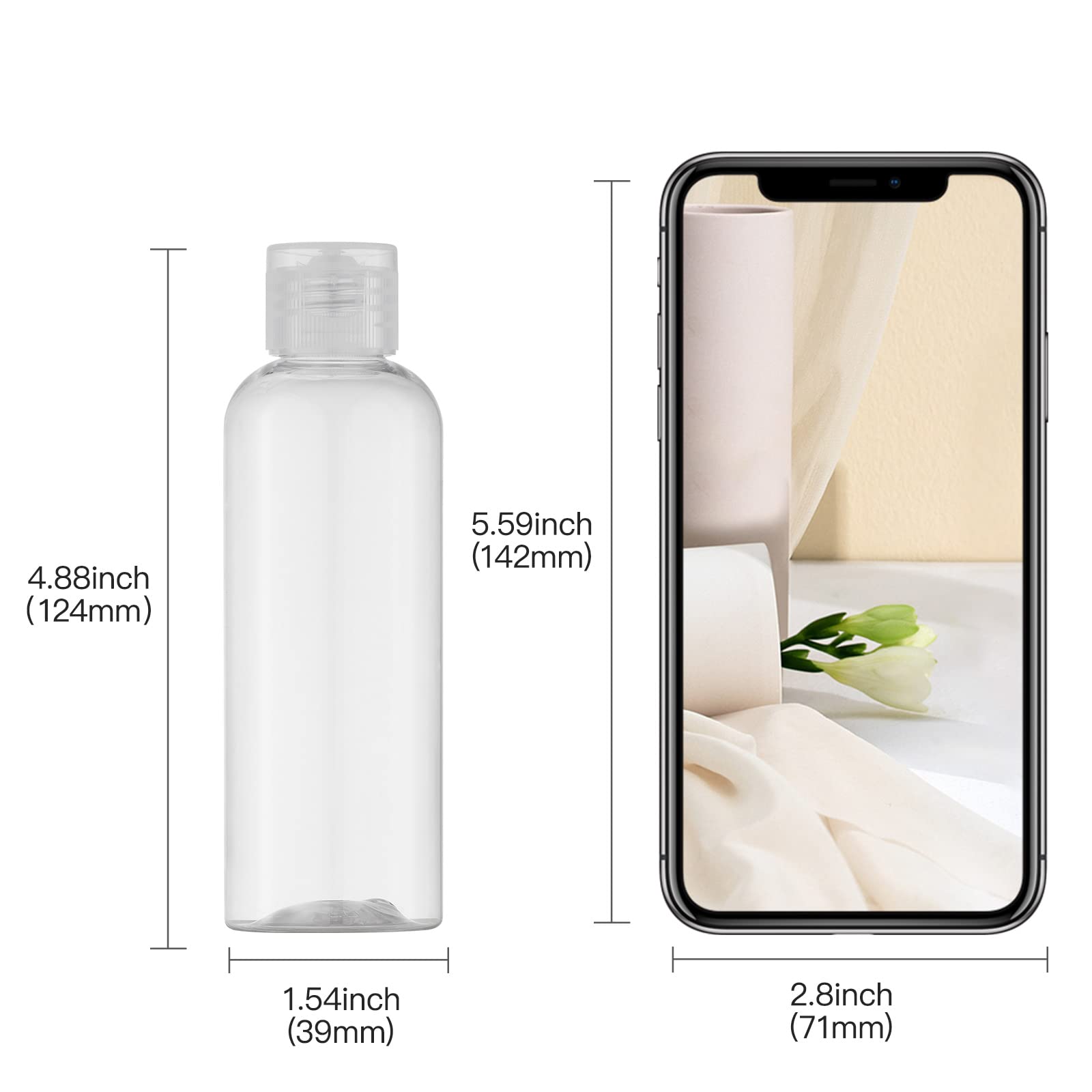 LISAPACK 3-4oz clear bottles highlight TSA-ready size for easy carry-on packing.