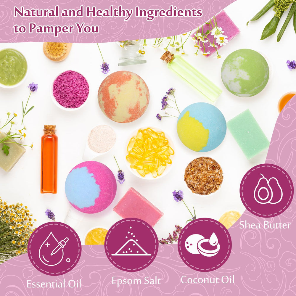 Lisotera bath bombs ingredients close-up featuring shea butter and Epsom salt for moisturizing skin.
