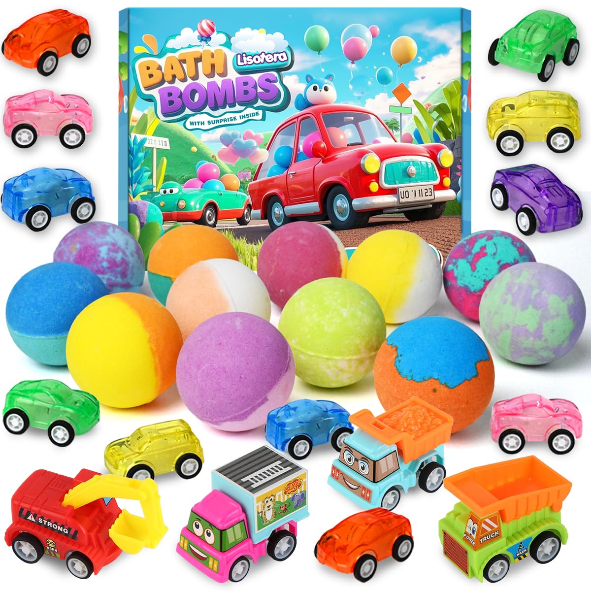 Lisotera bath bombs with toys inside reveal surprise pull-back cars during fizzing bath time