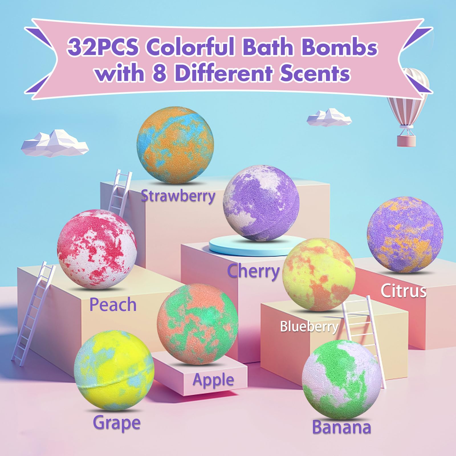 Lisotera bath bomb eight scents depicting variety of scents for bath time