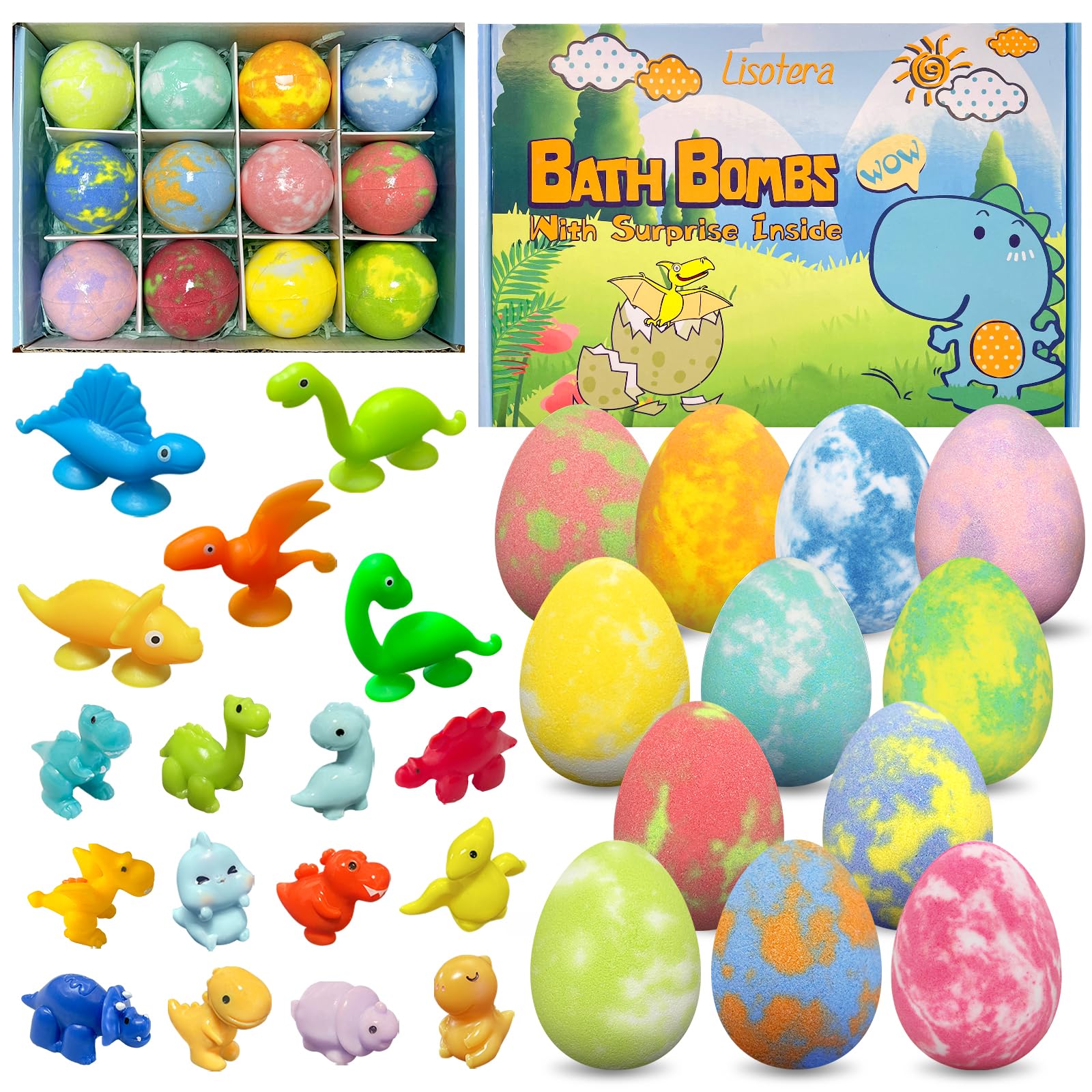 Lisotera dino egg bath bombs pack reveals colorful eggs and surprise toys for kids.
