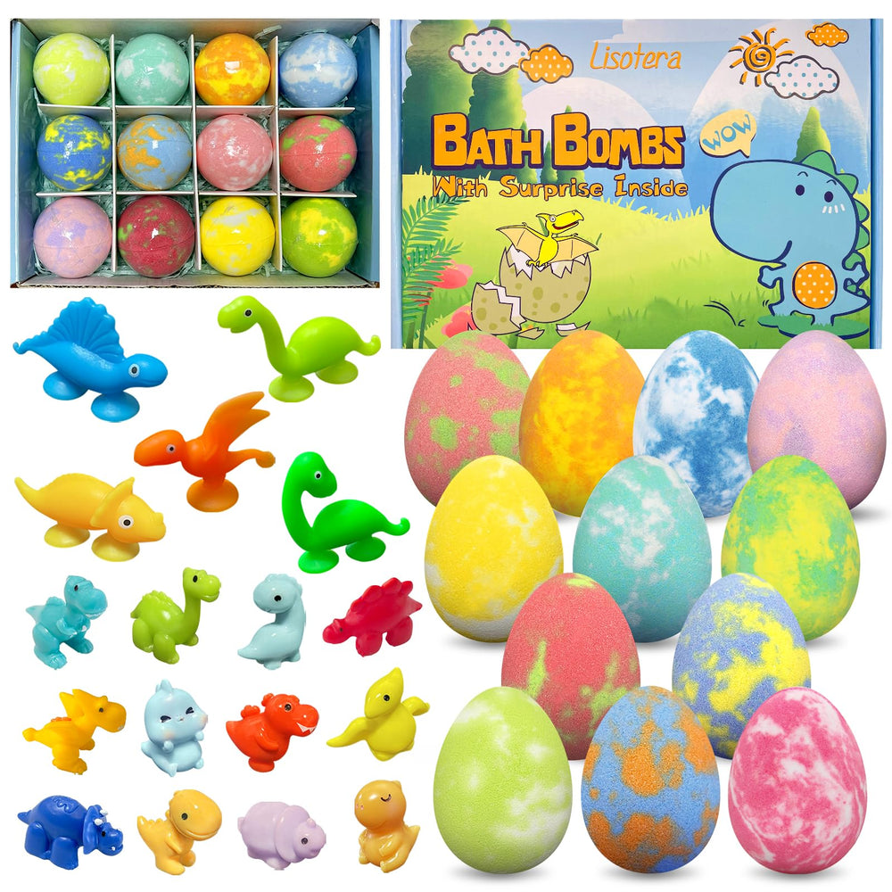 Lisotera dino egg bath bombs pack reveals colorful eggs and surprise toys for kids.