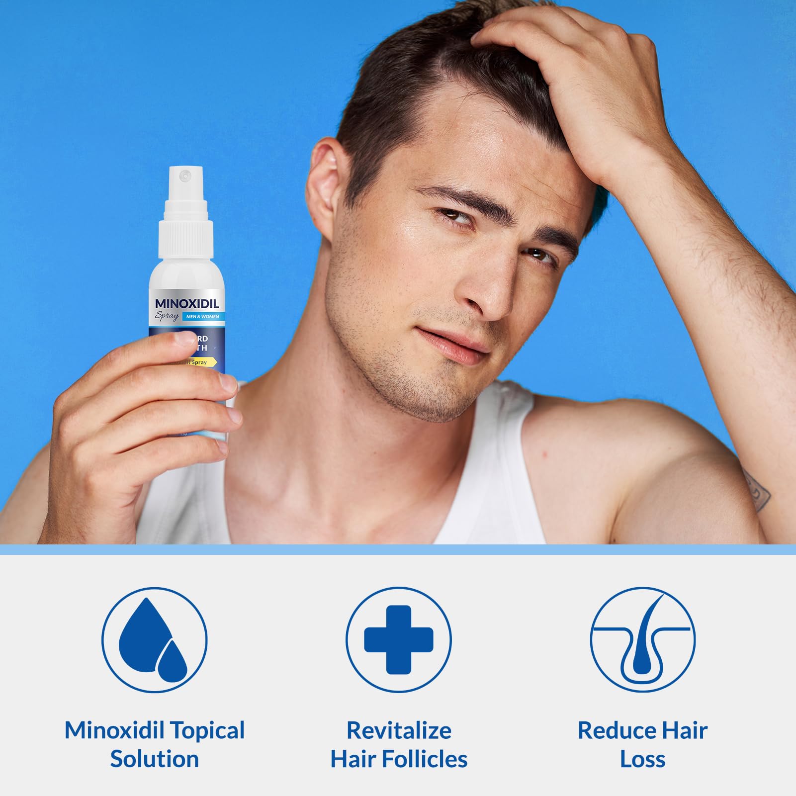 Listarfe Minoxidil spray being applied to the scalp during a routine.