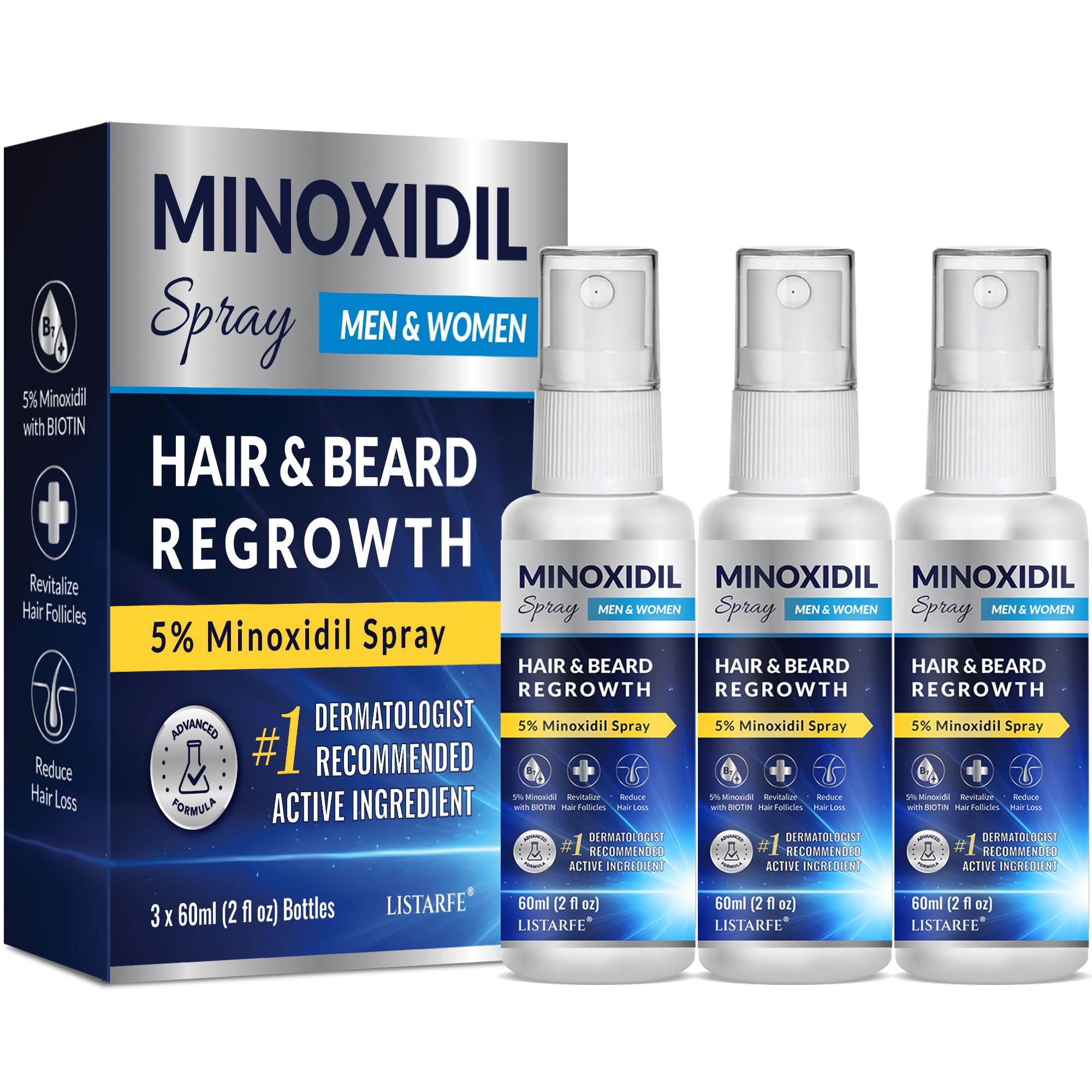 Listarfe 5% Minoxidil spray packaging designed for an easy, twice-daily routine.