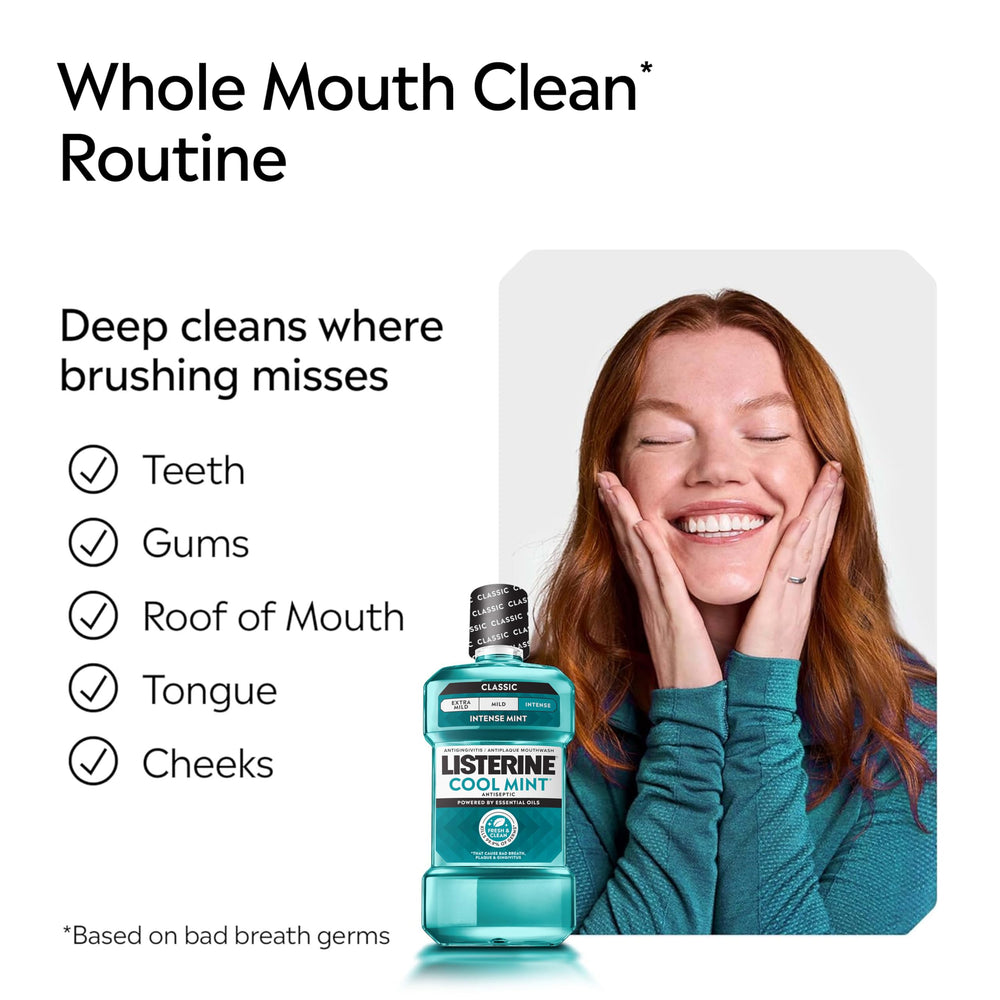 Measuring cap filled for a 30-second rinse showing Listerine portion guidance