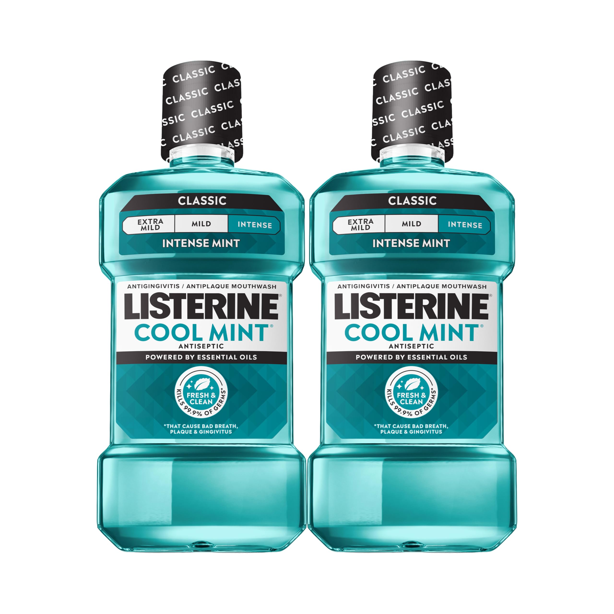 Listerine front packaging showing two 1L bottles and bold mint branding for freshness