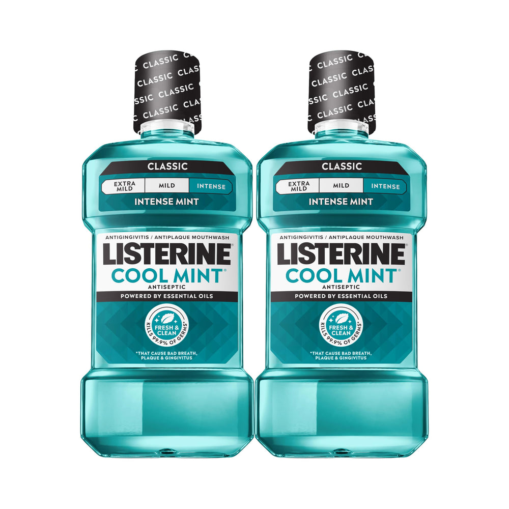 Listerine front packaging showing two 1L bottles and bold mint branding for freshness