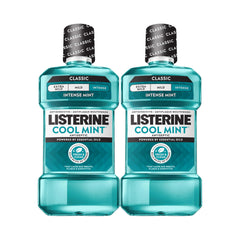 Listerine front packaging showing two 1L bottles and bold mint branding for freshness