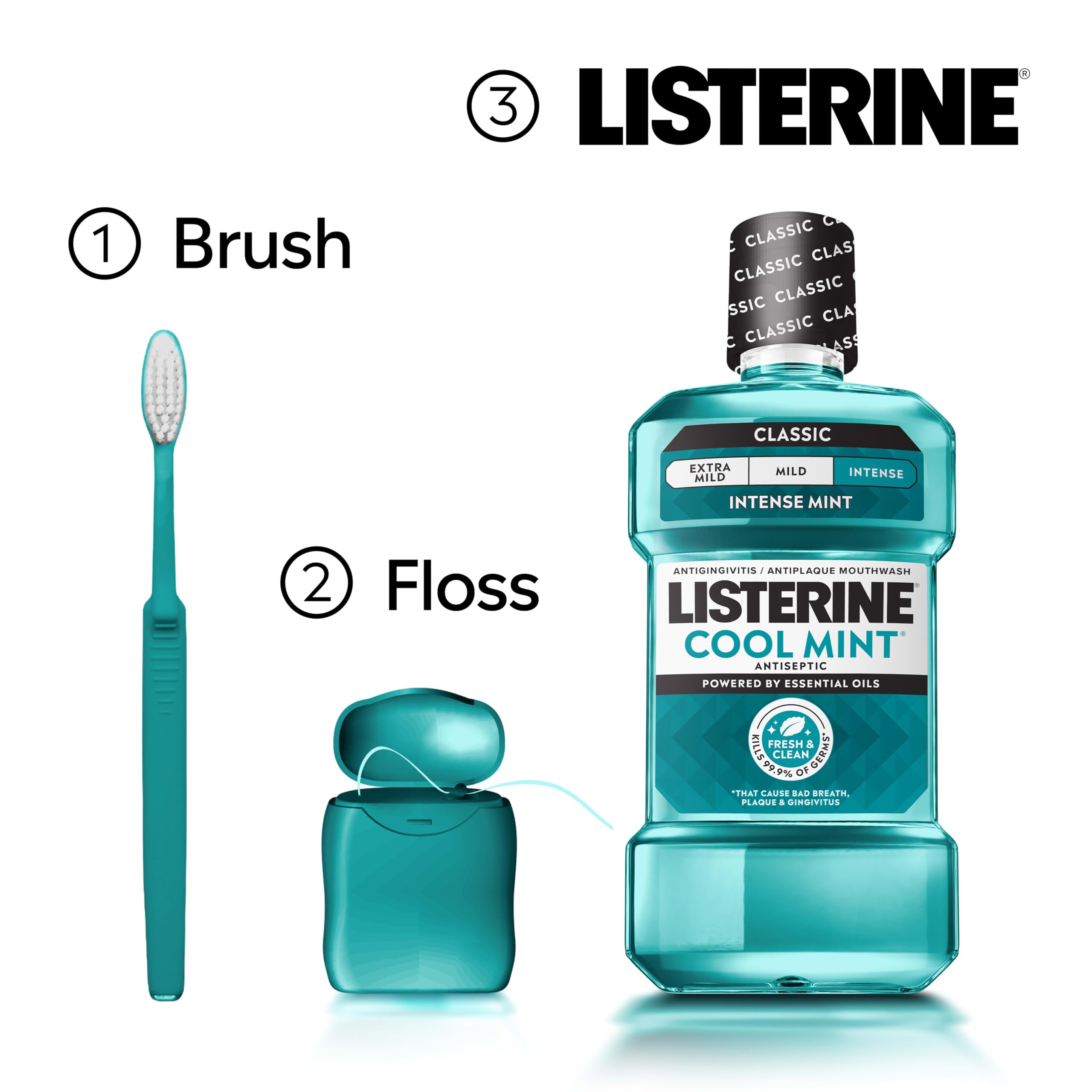 Product staged on a bathroom counter to show how Listerine fits into daily routine