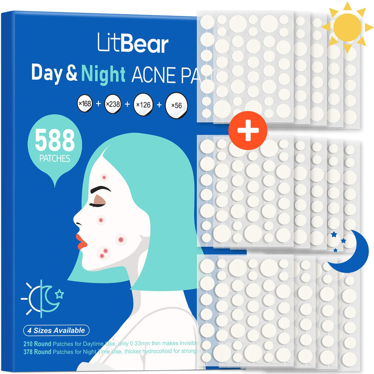 LitBear acne patches packaging close-up highlighting day and night set for continuous care.