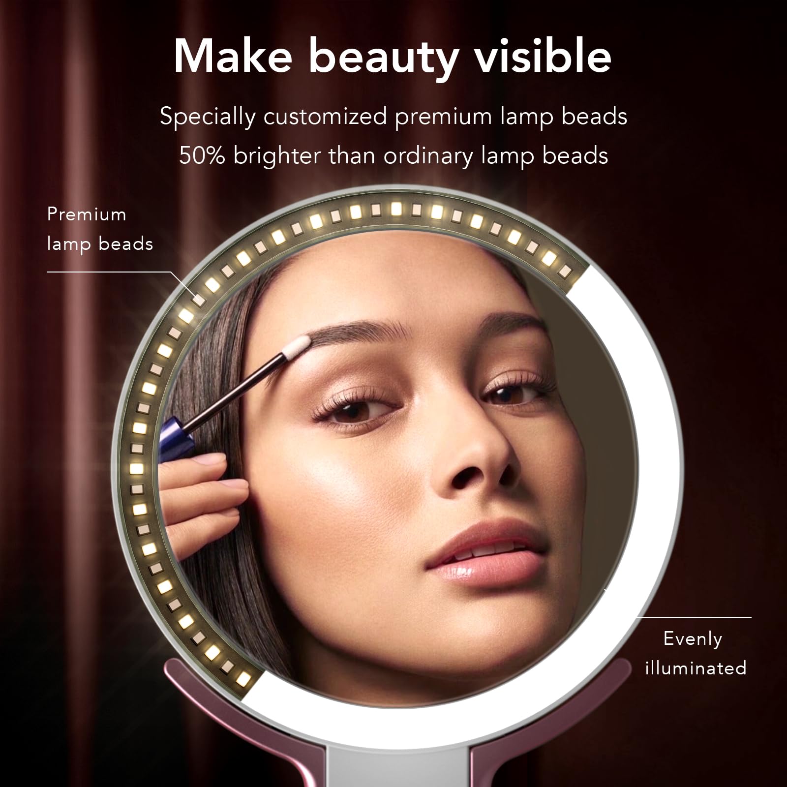 LitBear double-sided mirror 10x/1x magnification reveals fine details for makeup.