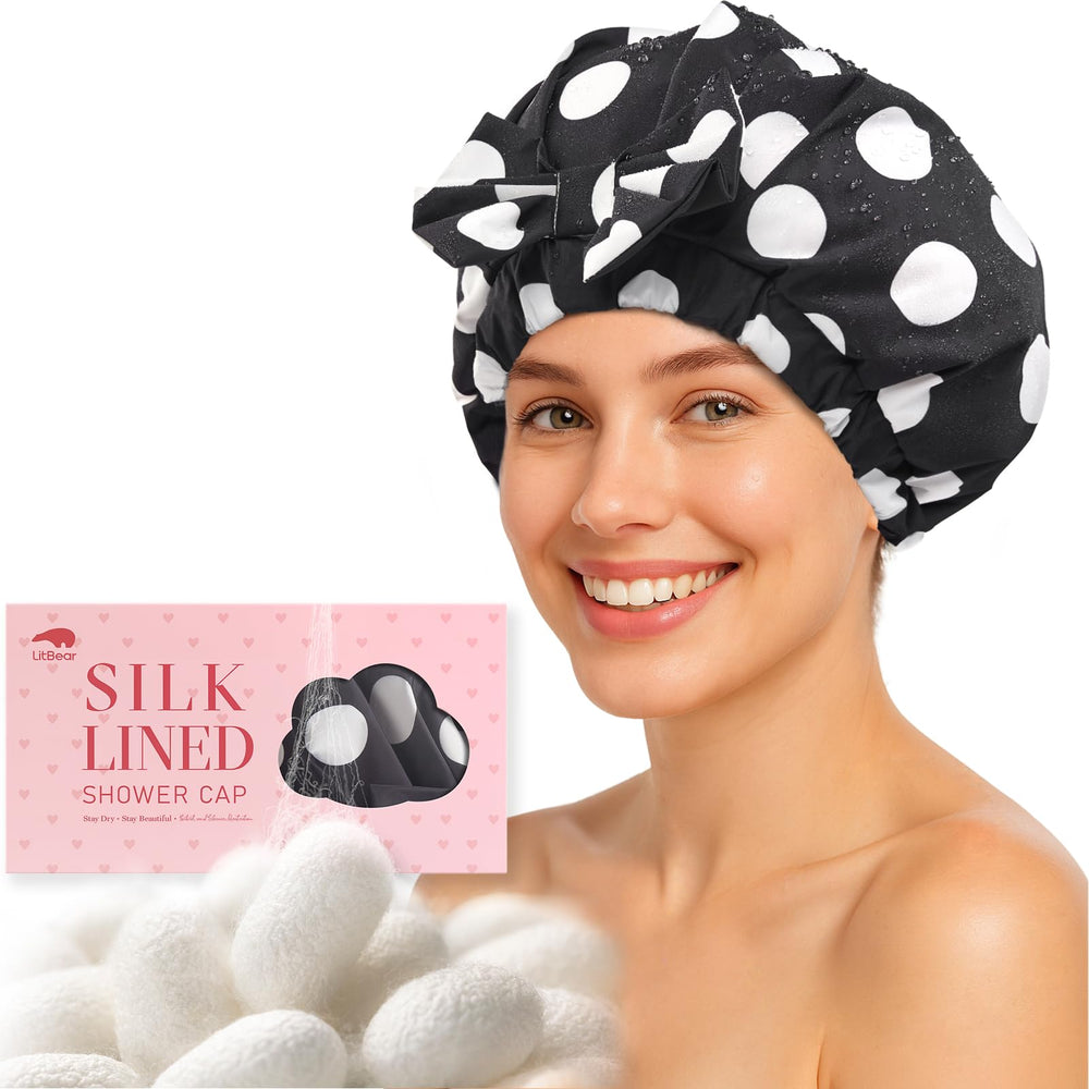 LitBear luxury silk-lined shower cap close-up shows friction-free silk for hair protection.