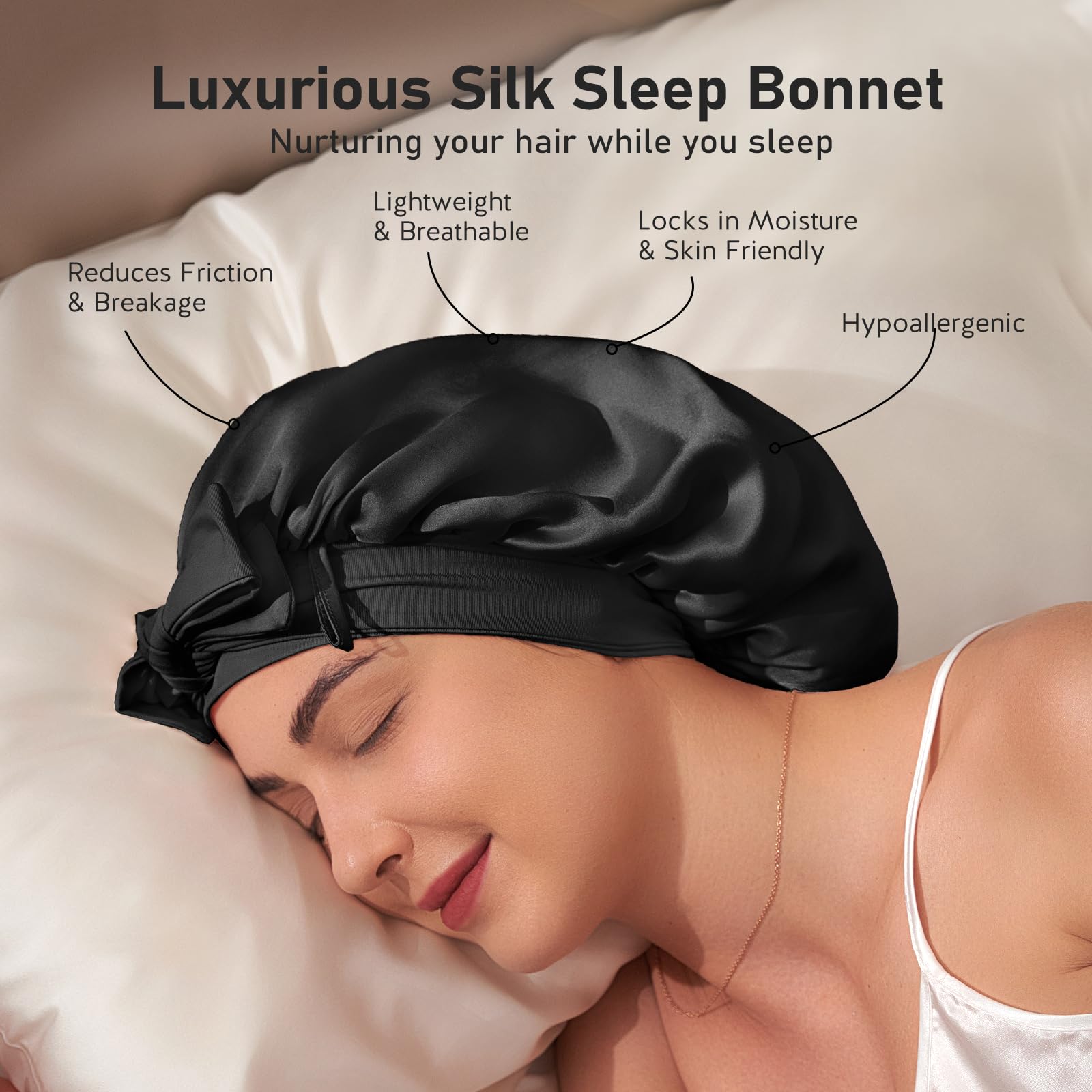 LitBear silk bonnet on head shows secure, comfortable sleep with no slipping.