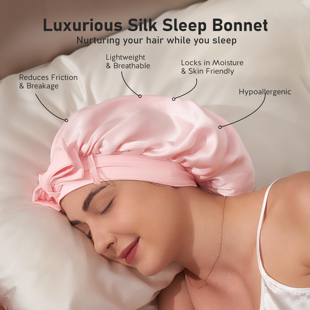LitBear silk bonnet on head demonstrates secure, comfortable fit for overnight use.
