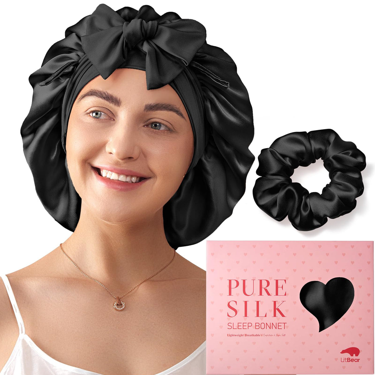 LitBear silk bonnet packaging box highlights gift-ready presentation and silk care guide.