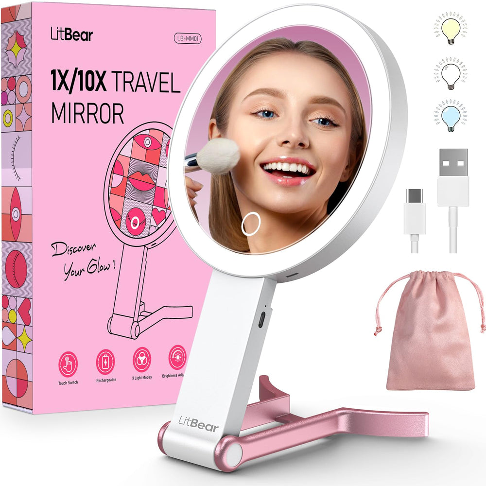 LitBear travel mirror lights: compact setup for precise makeup in dim settings.