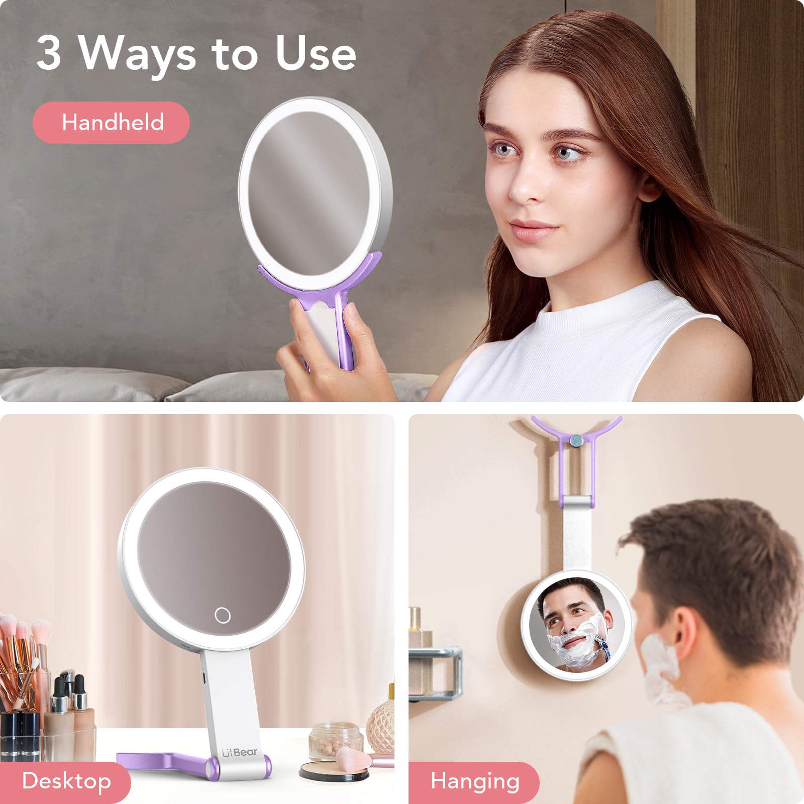 LitBear mirror USB-C rechargeable battery for portable cable-free operation.