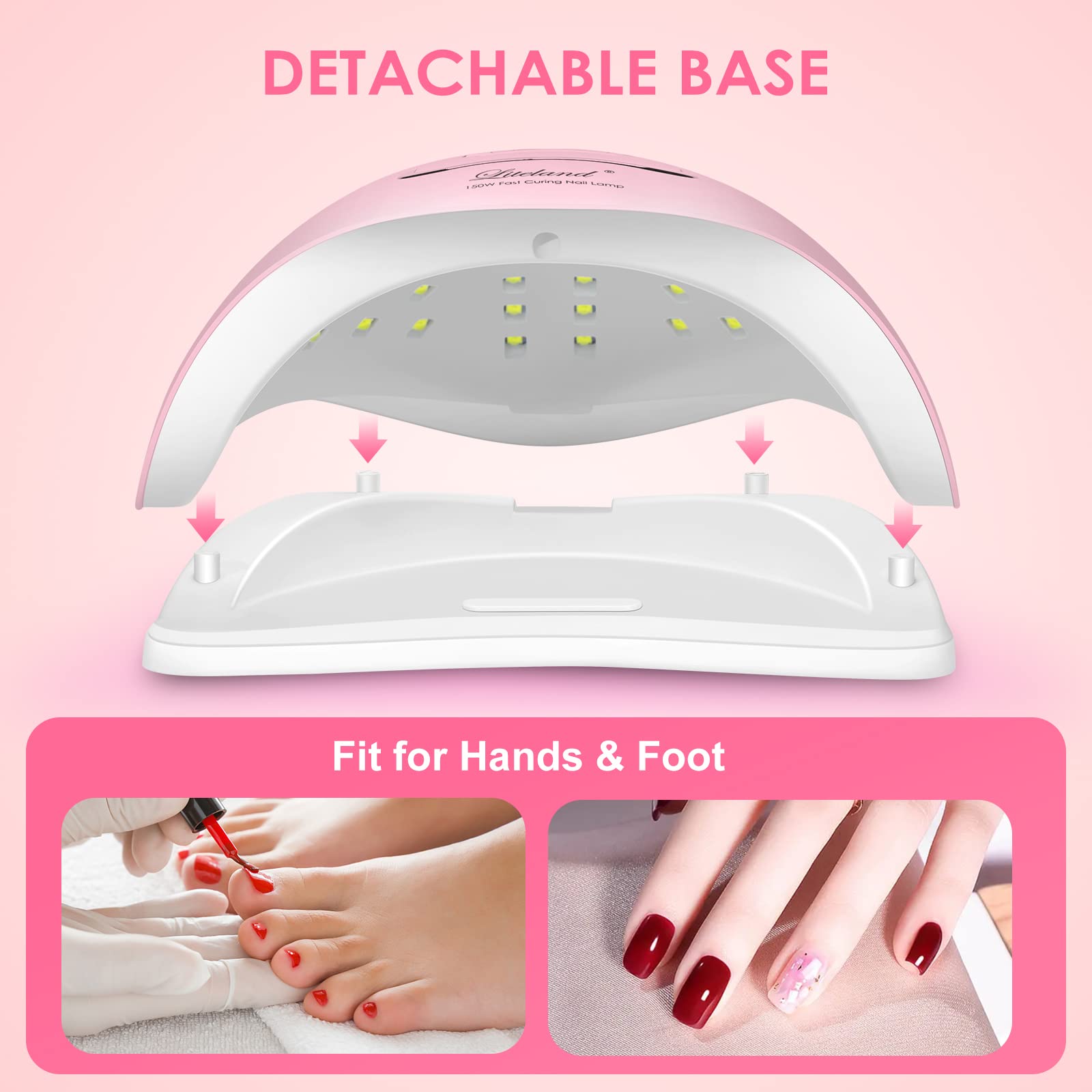 Liteland UV nail lamp portable handle facilitates easy moving between stations.