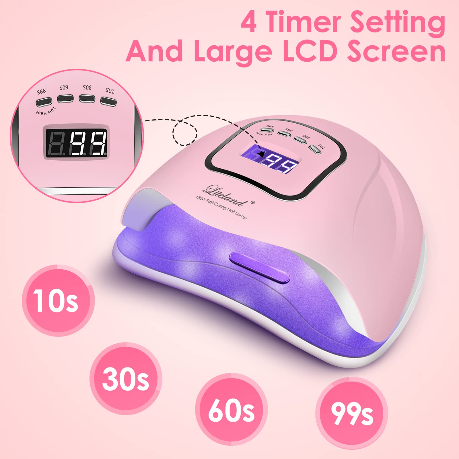 Liteland UV nail lamp top panel highlights controls and timer options for precise curing.