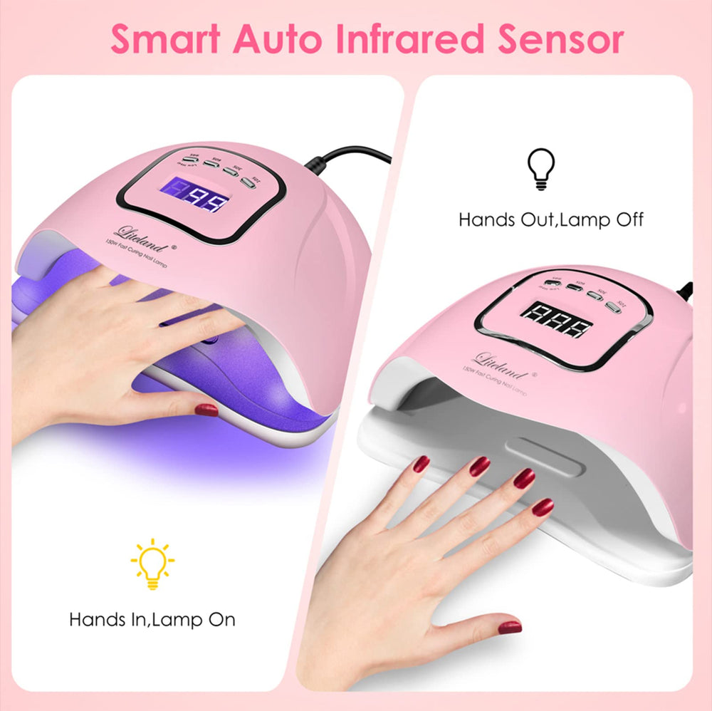 Liteland UV nail lamp two hands cure demonstrates capacity to cure two hands at once.