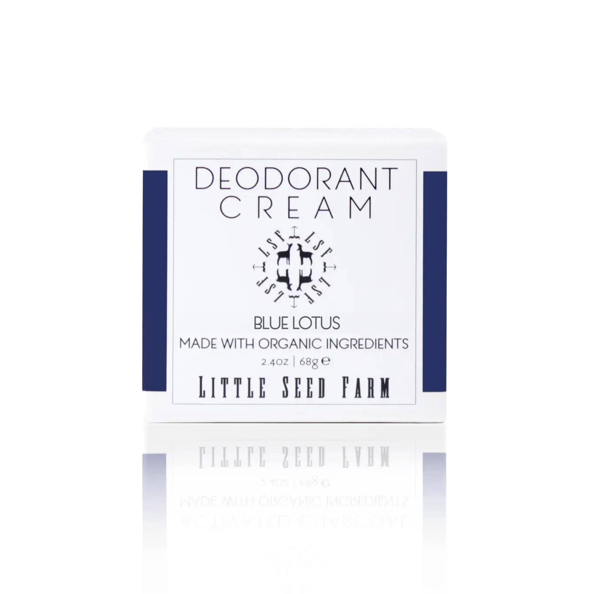 Little Seed Farm blue lotus deodorant-cream jar — aluminum-free formula for sensitive skin.