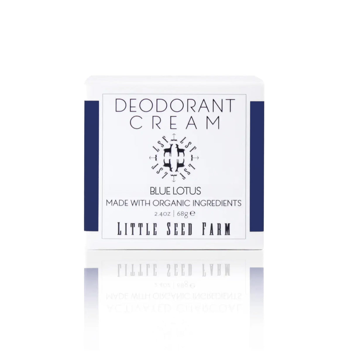Little Seed Farm blue lotus deodorant-cream jar — aluminum-free formula for sensitive skin.