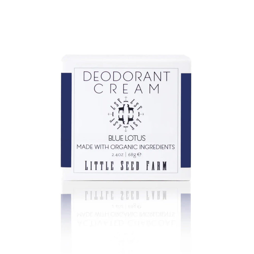 Little Seed Farm blue lotus deodorant-cream jar — aluminum-free formula for sensitive skin.