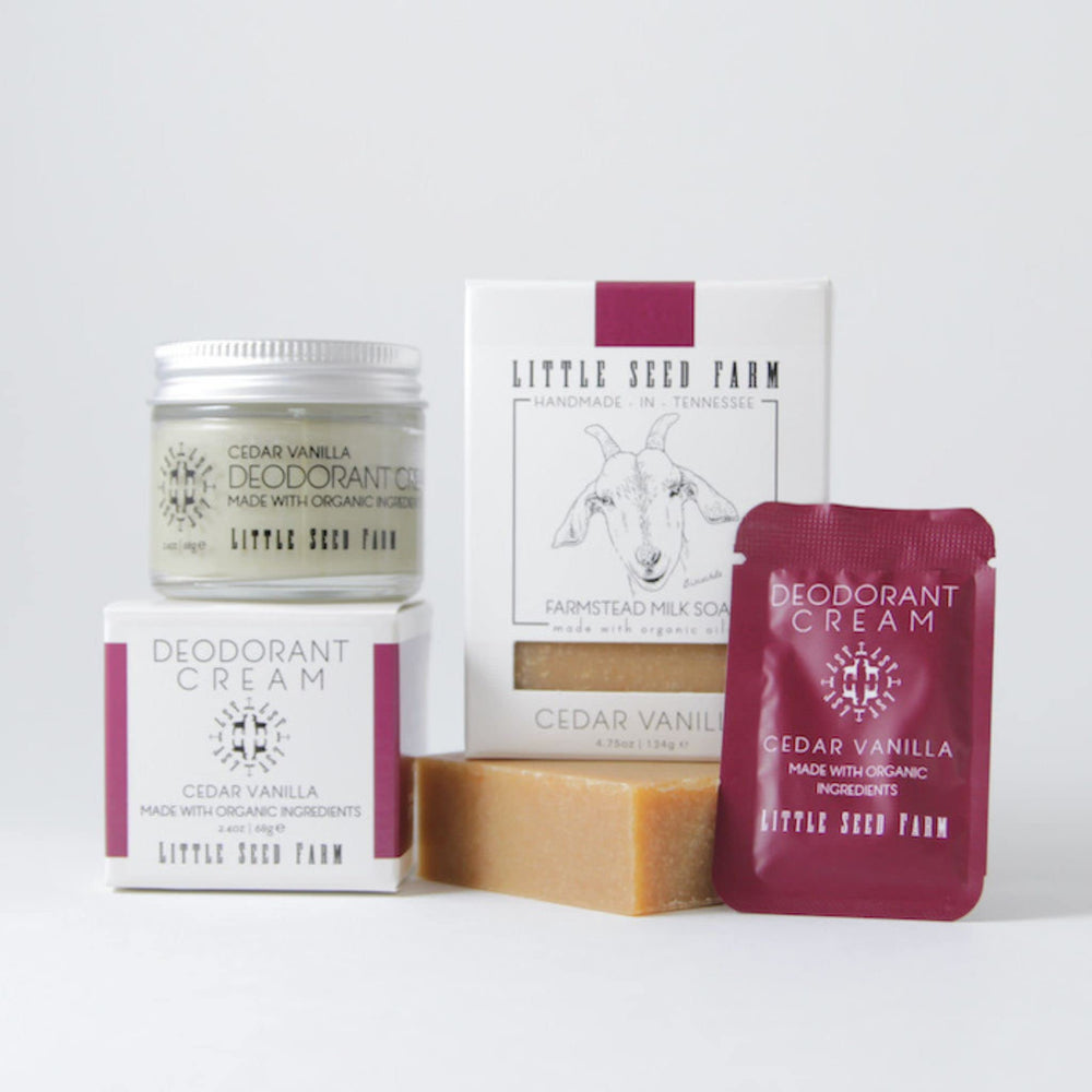 Ingredients list highlights natural, GMO-free and gluten-free components of Cedar Vanilla deodorant.