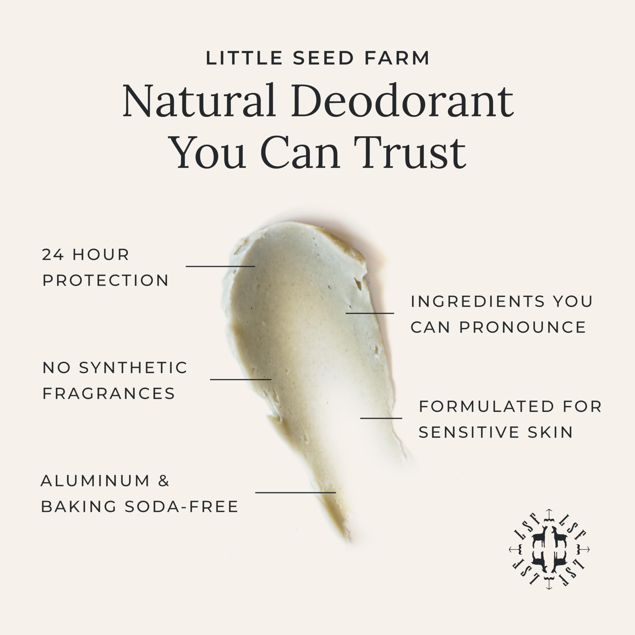 Little Seed Farm deodorant-cream texture closeup highlights creamy glide for daily use.