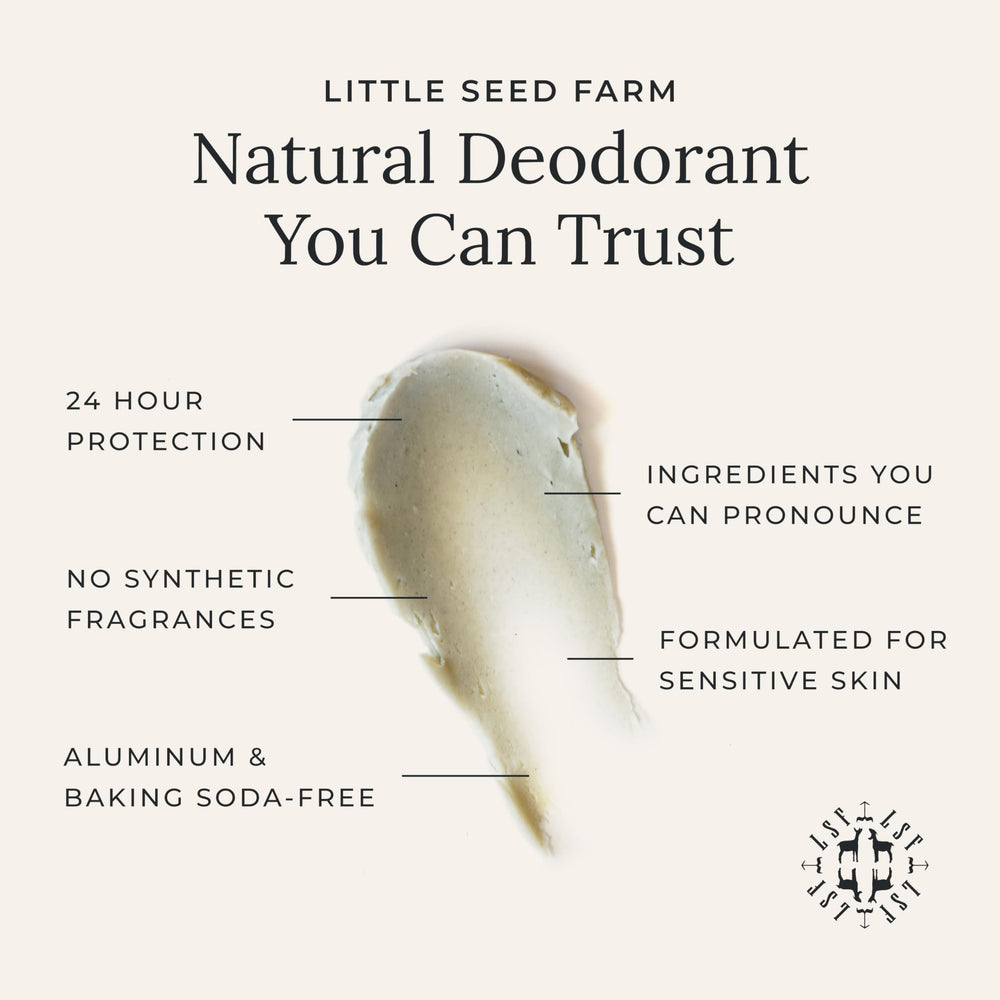 Little Seed Farm deodorant-cream texture closeup highlights creamy glide for daily use.