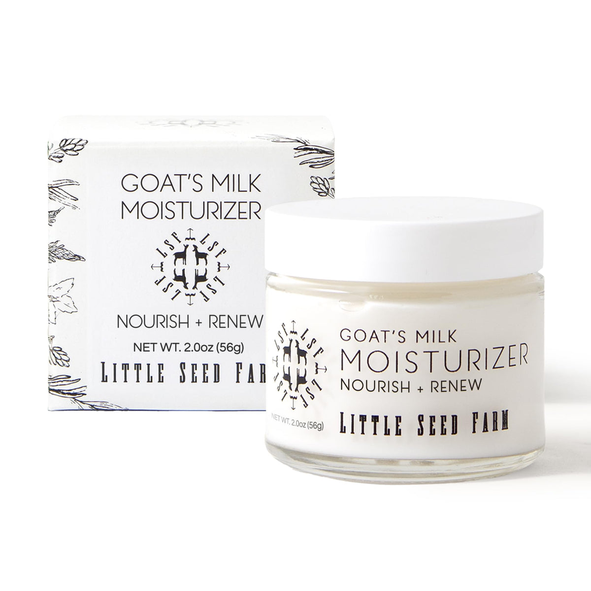 Little Seed Farm goats milk face moisturizer jar closeup showing creamy texture for daily hydration.