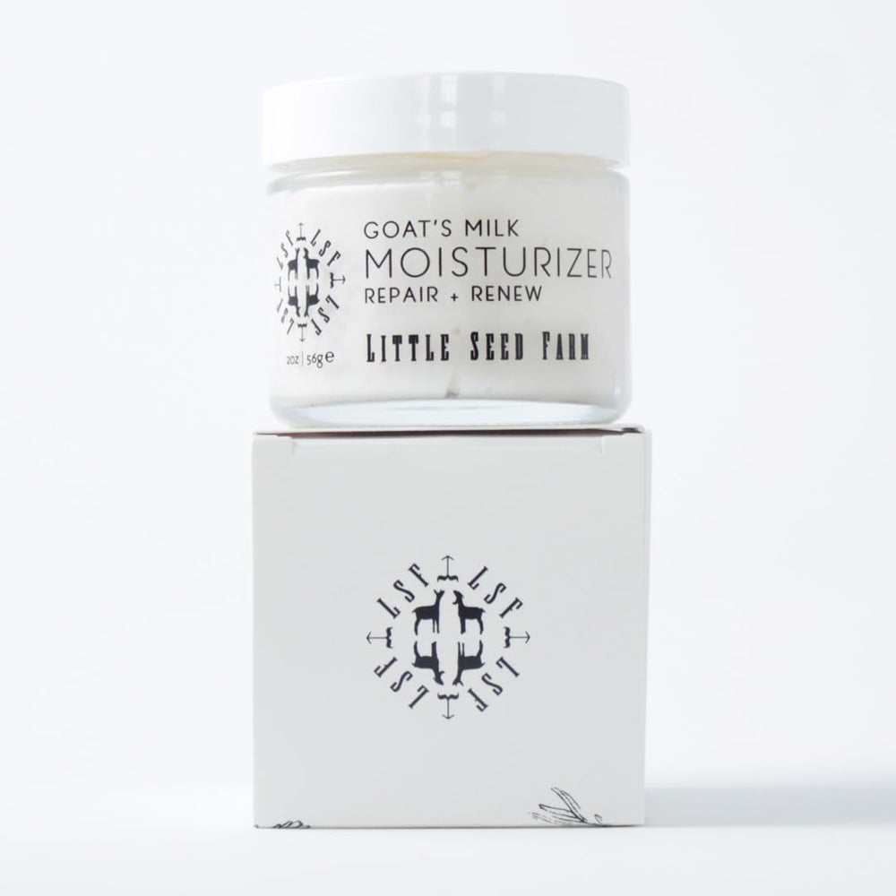 Little Seed Farm goats milk face moisturizer for sensitive skin shown with smooth, even tone.