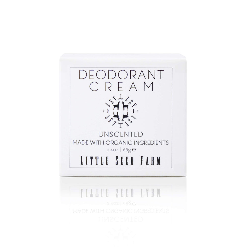Little Seed Farm unscented deodorant cream jar shows aluminum-free formula for sensitive skin