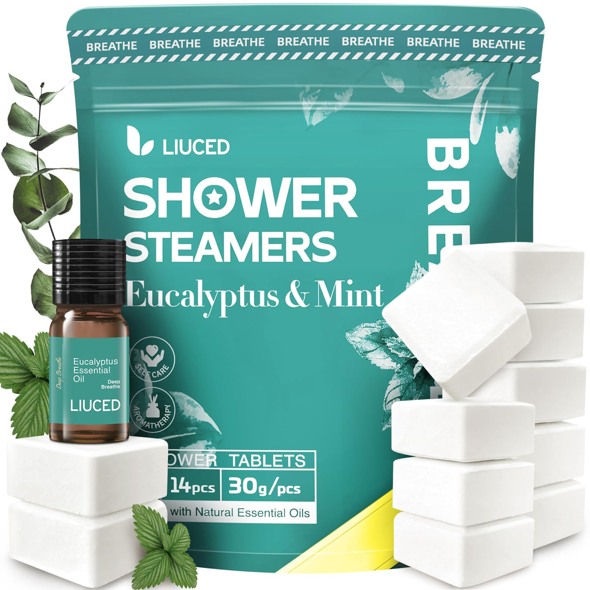 LIUCED shower steamers 14-pack packaging for a refreshing morning boost.