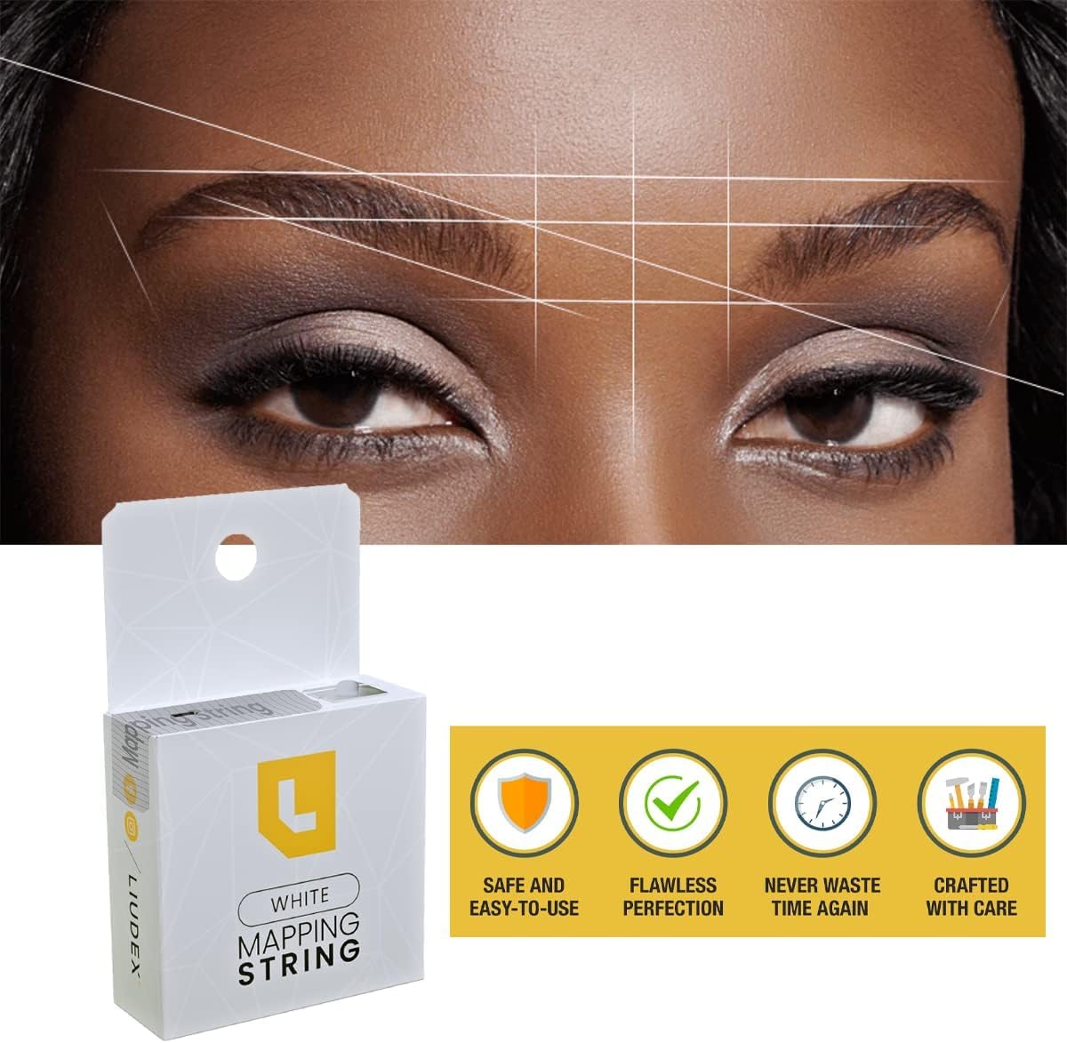 LIUDEX eyebrow marker string in white shown with box cutter for single-handed workflow.