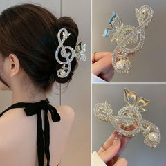 LIUHAJUN gold rhinestones pearl music note clip highlights glamorous updos.